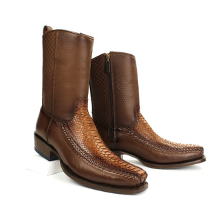 Pair of Men's exotic python and leather cowboy boot with brown semi square toe western design