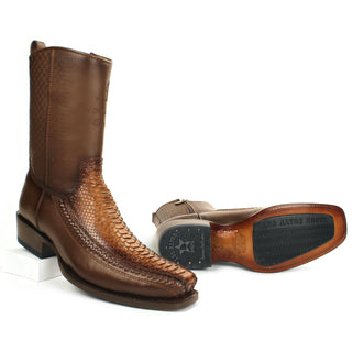 Pair of Men's exotic python and leather cowboy boot with brown semi square toe western design