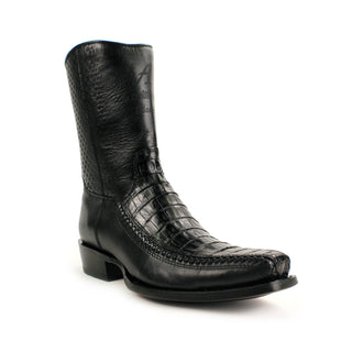 Handcrafted men's black exotic caiman belly leather cowboy boot with western square toe design