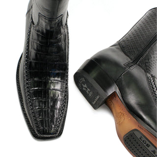 Handcrafted men's black exotic caiman belly leather cowboy boot with western square toe design