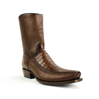 Men's faded brown exotic caiman belly leather cowboy boot with western square toe design