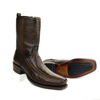 Handcrafted men's full-grain deer leather cowboy boot with semi square western design