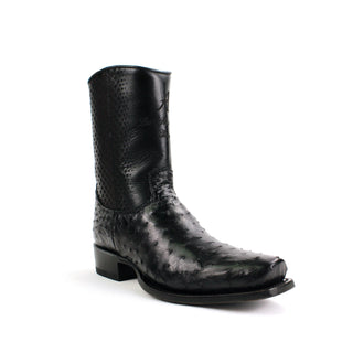 Black genuine ostrich leg and leather square toe cowboy boot for men with handcrafted detailing