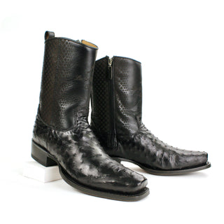 Pair of Black genuine ostrich leg and leather square toe cowboy boot for men with handcrafted detailing