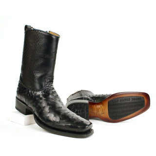 Pair of Black genuine ostrich leg and leather square toe cowboy boot for men with handcrafted detailing