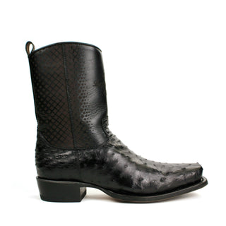 Black genuine ostrich leg and leather square toe cowboy boot for men with handcrafted detailing