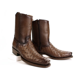 sleek semi square toe, premium leather shaft with detailed pattern embossing, and an exotic ostrich leg vamp