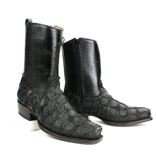 Pair of Exotic Pirarucu fish skin on the vamp with smooth leather on the shaft for a distinctive and luxurious look