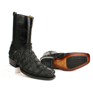 Pair of Exotic Pirarucu fish skin on the vamp with smooth leather on the shaft for a distinctive and luxurious look