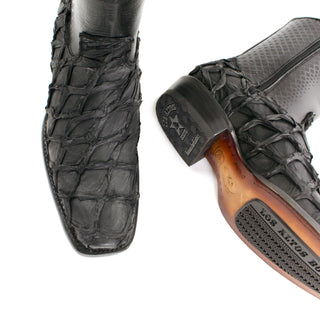 Exotic Pirarucu fish skin on the vamp with smooth leather on the shaft for a distinctive and luxurious look