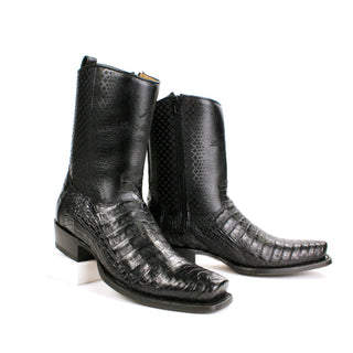 Genuine caiman belly leather with a smooth cowhide upper, these boots feature a bold semi square toe and traditional hand-stitched detailing