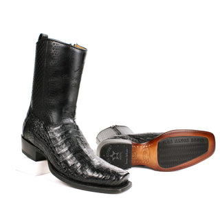 Genuine caiman belly leather with a smooth cowhide upper, these boots feature a bold semi square toe and traditional hand-stitched detailing