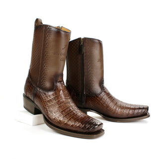 Pair of Genuine caiman belly leather with a smooth cowhide upper, these boots feature a bold semi square toe and traditional hand-stitched detailing
