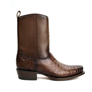 Genuine caiman belly leather with a smooth cowhide upper, these boots feature a bold semi square toe and traditional hand-stitched detailing