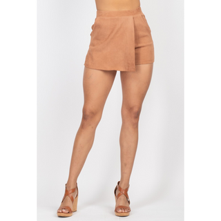 Faux Suede Crop Top and Skort Set - Cognac