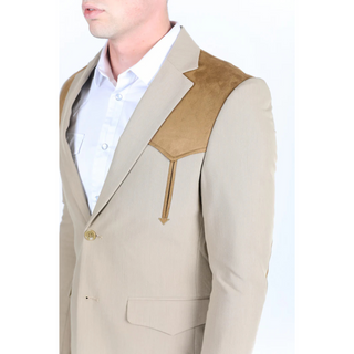 Platini Men's Western Suit Sport Coat with Suede Yokes and Elbow Patches - Khaki