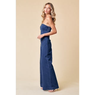 Strapless Wide Leg Denim Jumpsuit - Medium Wash