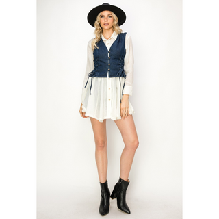 Women's Western Denim Corset Vest with Lace Up Sides - Dark Wash