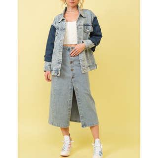 Mid Rise Stretch Midi Denim Skirt