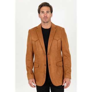 Platini Men's Double Button Faux Suede Blazer- Camel