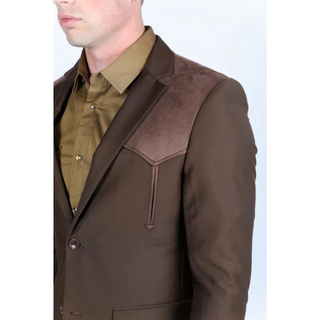 Platini Men's Western Suit Sport Coat with Suede Yokes and Elbow Patches - Dark Brown