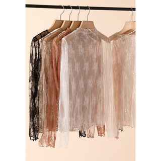 Women's Black Sheer Lace Mesh Long Sleeve Top – See-Through Floral Blouse