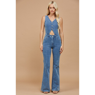 Women's Cutout Denim Jumpsuit with Western Flare Leg - Medium Wash