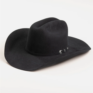Angled three-quarter view of 5X Fort Worth black rabbit fur-felt cowboy hat with 3-piece silver buckle