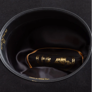 Under-brim and interior view of 5X Fort Worth black fur-felt hat with leather sweatband and logo