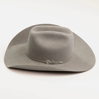 Side view of 5X Fort Worth Natural rabbit fur-felt hat showing silver buckle hatband detail