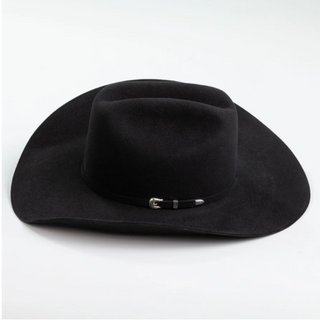 Side view of 5X Fort Worth black rabbit fur-felt hat showing silver buckle hatband detail