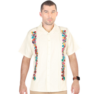 Men's Modern Beige GUAYABERA Shirt with Floral Embroidery