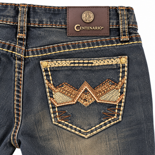 Centenario boy's premium modern slim bootcut western jeans in medium blue wash with decorative front pocket details- back pocket view 