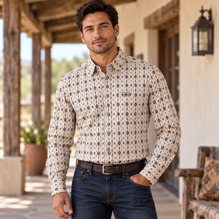 Montero men’s beige geometric print long sleeve casual western shirt with button-front closure, pointed collar and chest pocket.