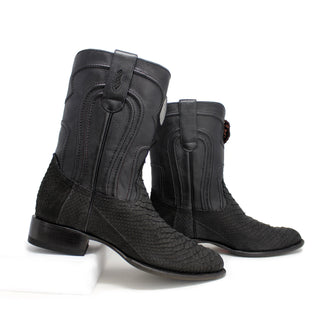 Side view of Los Altos Men’s Python Skin Boots in Black highlighting the natural scale pattern and leather shaft.