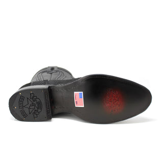 Bottom view of Los Altos Men’s Genuine Python Short Shaft Western Boot in Black showing the embossed sole and USA flag sticker.