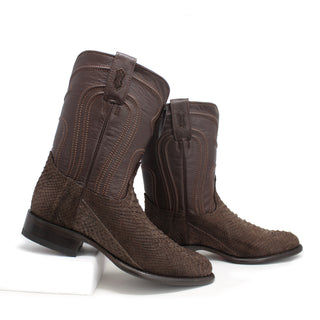 Side view of Los Altos Men’s Python Skin Boots in brown highlighting the natural scale pattern and leather shaft.