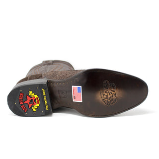 Bottom view of Los Altos Men’s Genuine Python Short Shaft Western Boot in Brown showing the embossed sole and USA flag sticker.
