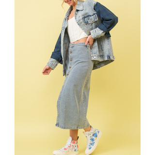 Mid Rise Stretch Midi Denim Skirt