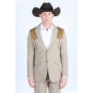 Platini Men's Western Suit Sport Coat with Suede Yokes and Elbow Patches - Khaki