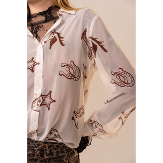 Western Cowboy Icons Print Button-Up Sheer Shirt