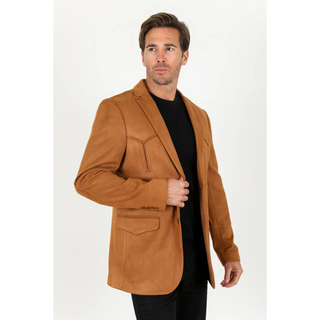 Platini Men's Double Button Faux Suede Blazer- Camel