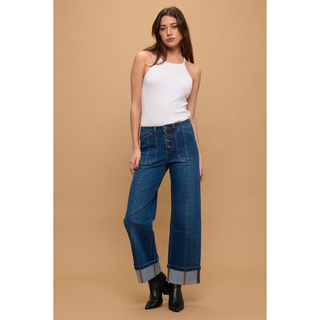 Vintage Mid-rise Tummy Control Relaxed Flare Center Seam Dark Wash Jeans