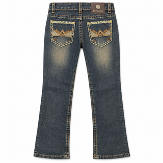 Centenario boy's premium modern slim bootcut western jeans in dark blue wash with decorative front pocket details- back pocket view 
