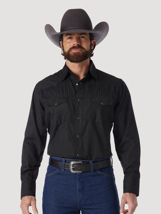 Wrangler Western Long Sleeve Snap Dobby Stripe Shirt- Black