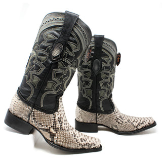 Side profile of Los Altos men’s python cowboy boots showing shaft stitching and python vamp.