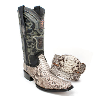 Los Altos men’s genuine python cowboy boots with matching python belt in ash color.