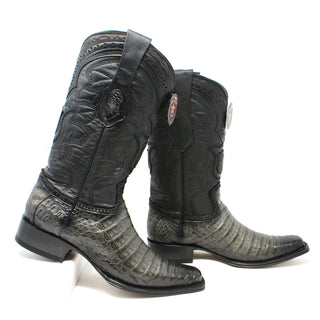 Side angle of faded gray caiman belly cowboy boots