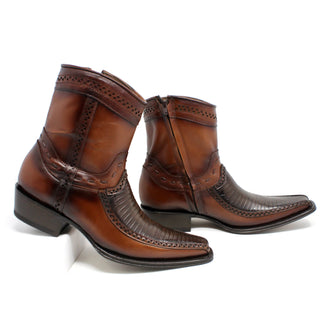 Side-angle view of Los Altos faded brown Teju lizard men’s boots