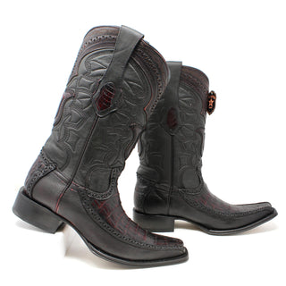 Side angle view of Los Altos black cherry caiman belly men’s European toe boots